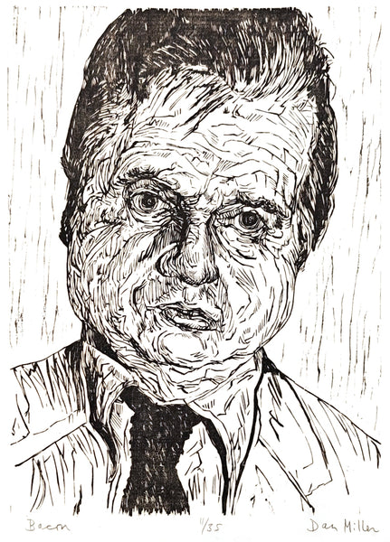 Black and white woodcut portrait of Bacon with a textured background