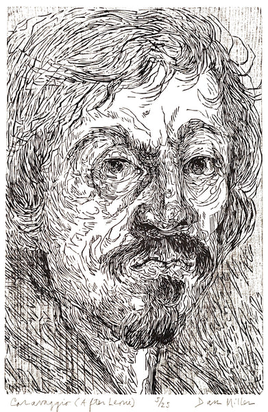 Black and white woodcut portrait of Caravaggio with textured hair and beard