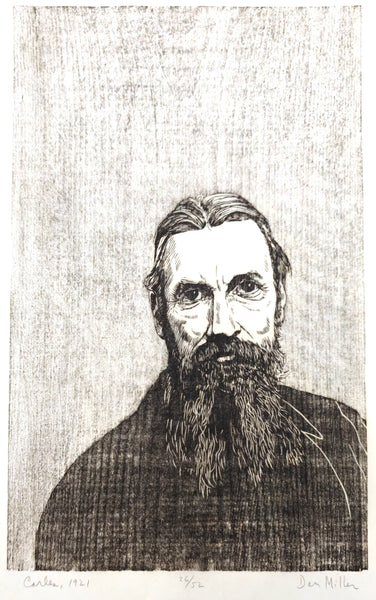 Black and white woodcut portrait of Carles with a textured background