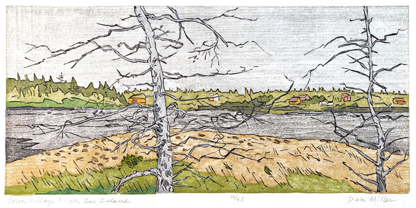 Woodcut print of a landscape with trees in the foreground and a landscape with buildings seen from across water.