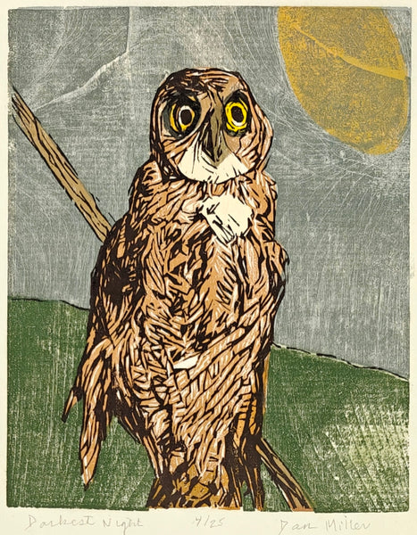 Woodcut print of an owl on a branch with a textured background