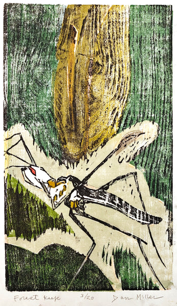 Woodcut print of a praying mantis with a large leaf on a green background