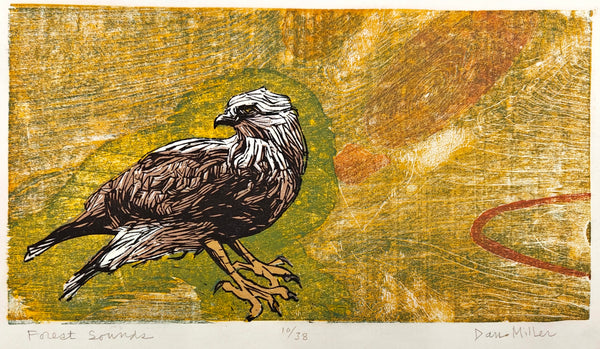 Woodcut print of a bird on a textured brown and green background