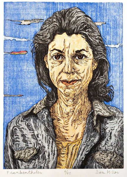 Woodcut portrait of Frankenthaler with a blue background