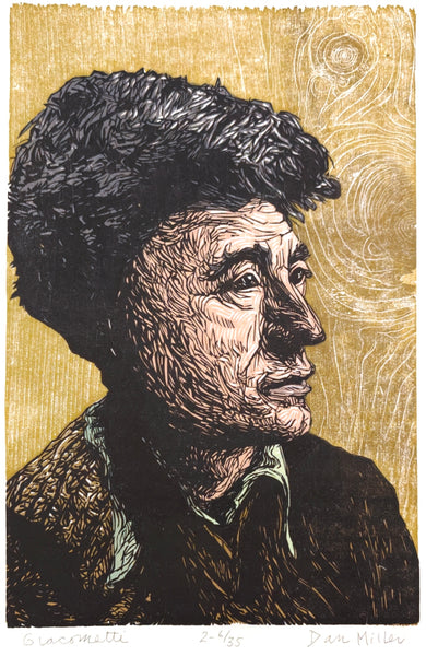 Woodcut print of a profile portrait of Giacometti with textured background
