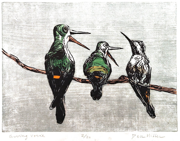 Woodcut of three birds perched on a branch with a textured gray background