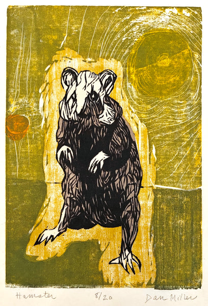 Woodcut print of a hamster surrounded by a yellow glow on a textured green background