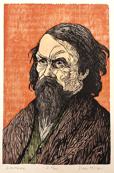 Woodcut portrait of Inness with a beard on a textured orange background