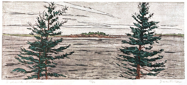 Woodcut of two pine trees with an island landscape in the background