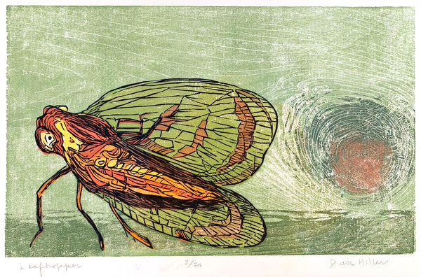 Woodcut print of a leafhopper on a textured green background