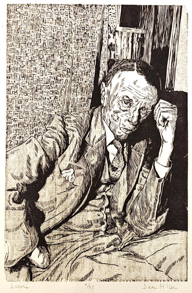 Black and white woodcut portrait of Lewis sitting with a textured wall background
