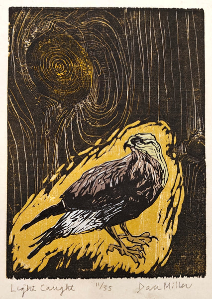 Woodcut print of an eagle with a stylized moon and tree in the background