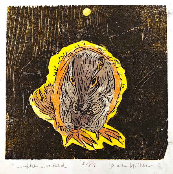 Woodcut print of a squirrel with a yellow halo on a textured black background