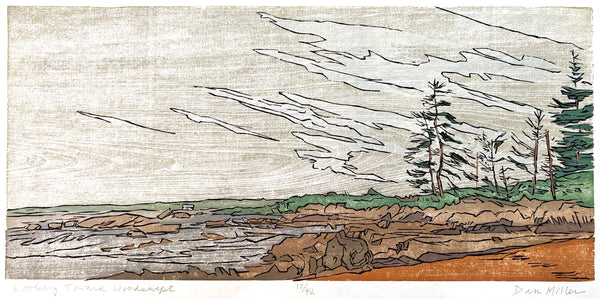 Woodcut print of a landscape with trees and a body of water with a rocky shore.