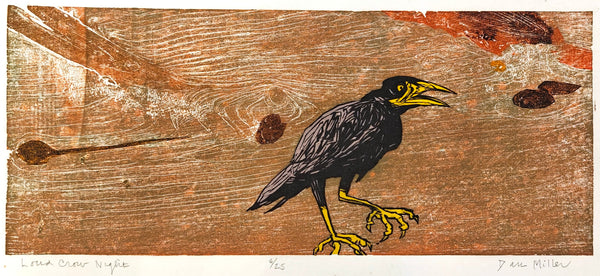 Woodcut print of a crow on a textured brown background