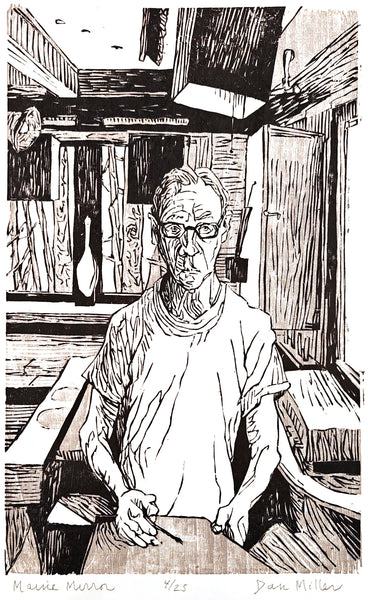 Black and white woodcut portrait of the artist sitting in a room with wooden furniture.