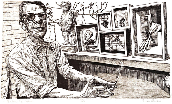 Woodcut portrait of a man in a studio with sculptures and artwork on the wall.
