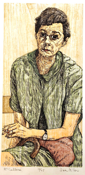 Woodcut print of McCullers wearing a green shirt and brown pants, sitting on a bench.