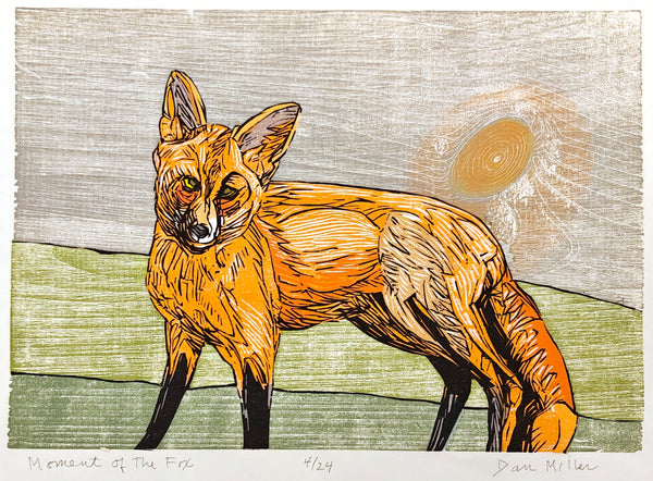 Woodcut print of a fox with a textured background