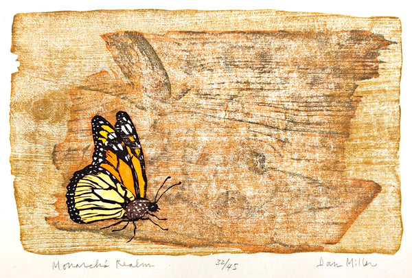 Woodcut print of a monarch butterfly with a textured brown background