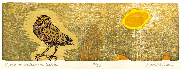 Color woodblock print featuring an owl perched with a moon and textured background.