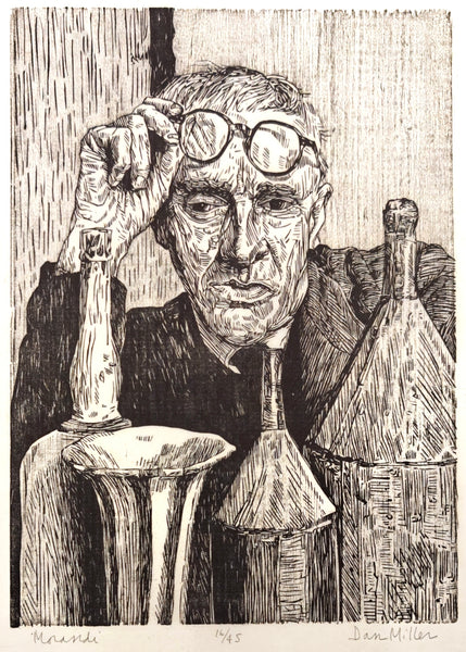 Black and white woodcut portrait of Morandi with glasses holding bottles and a bowl.