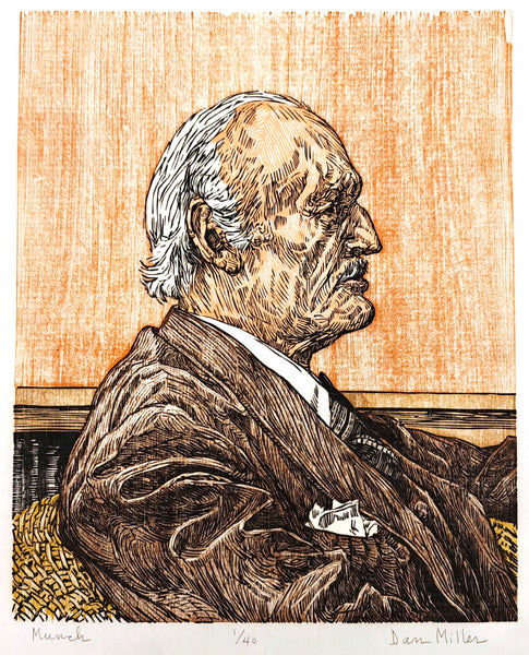 Woodcut portrait of Munch in a suit with a textured background