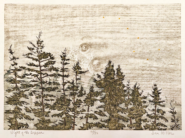 Woodcut print of trees with a textured background and the big dipper constellation in the sky
