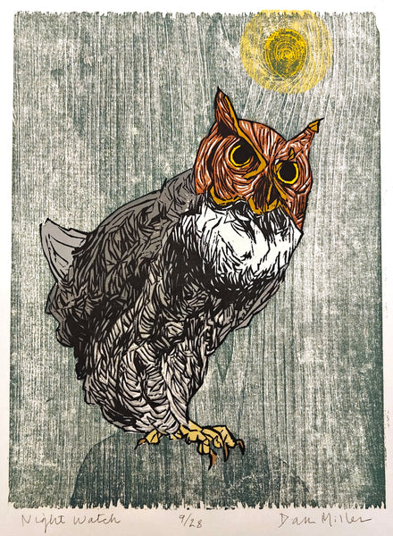 Woodcut print of an owl with a textured gray background and yellow moon at the top.