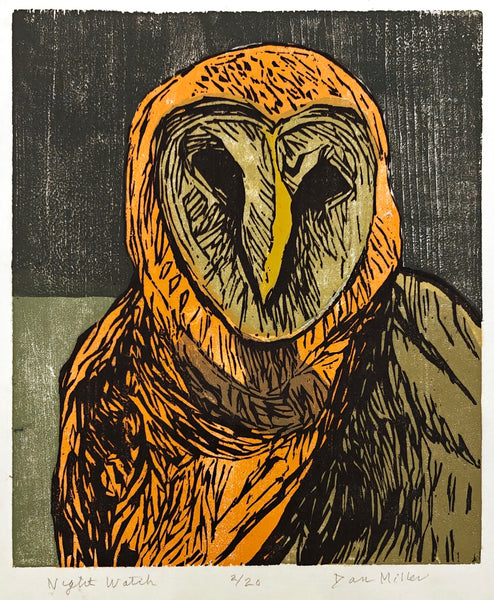 Woodcut print of a golden owl with a dark background