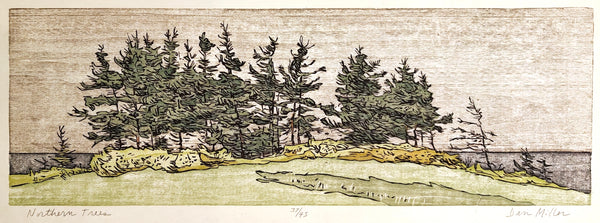 Woodcut print of a landscape with trees and a path