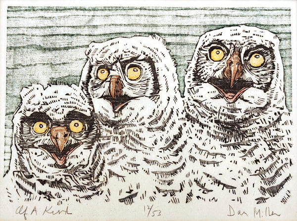 Woodcut print of three owls with a wood grain background