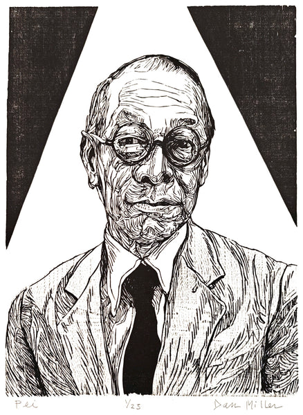 Black and white woodcut portrait of Pei wearing glasses and a suit