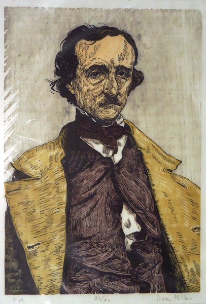 Poe, color woodcut print (unframed) by Pennsylvania artist Dan Miller available at Cerulean Arts