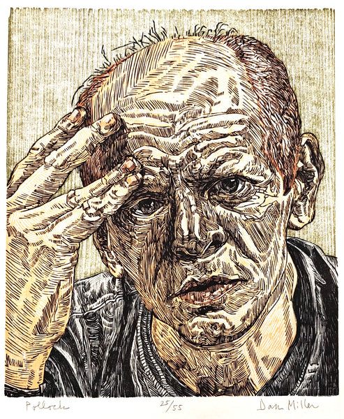 Woodcut portrait of Pollock with a hand on his head.
