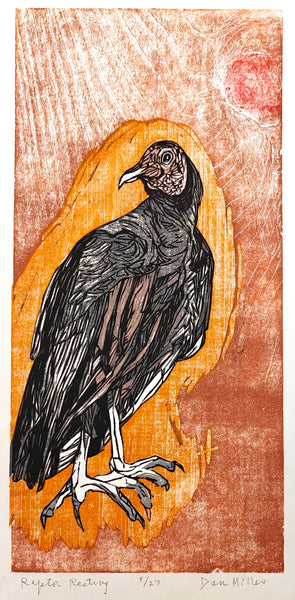 Woodcut print of a bird on an orange and brown background