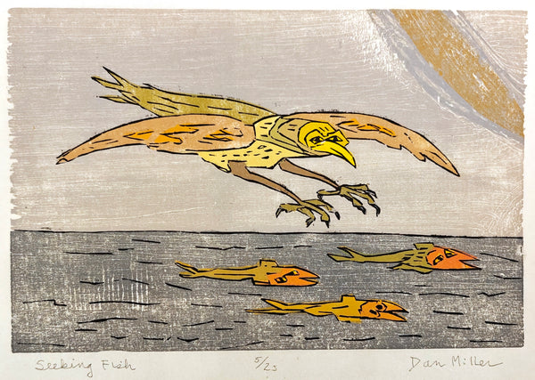 Woodcut print of a bird chasing fish on a textured gray background