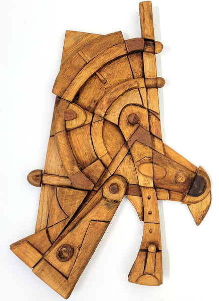 Abstract wooden sculpture with geometric forms