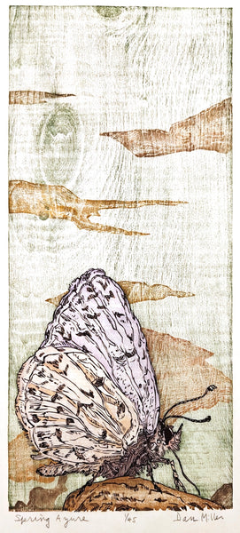 Woodcut print of a pale purple butterfly on a textured beige and brown background