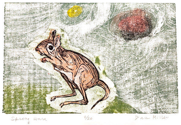 Woodcut Print of a hare on textured paper with a sun in the background