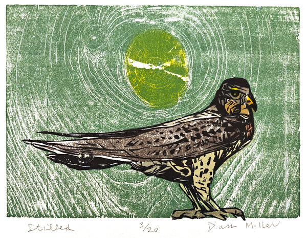 Color woodcut print of a bird with a green circular design in the background