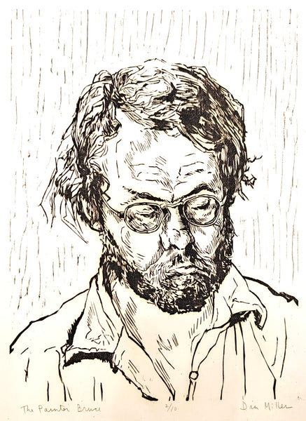 Black and white woodcut portrait of a man with glasses and a beard