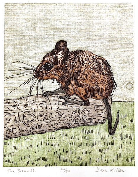 Color woodcut print featuring a detailed illustration of a mouse on a piece of wood, with a naturalistic background.