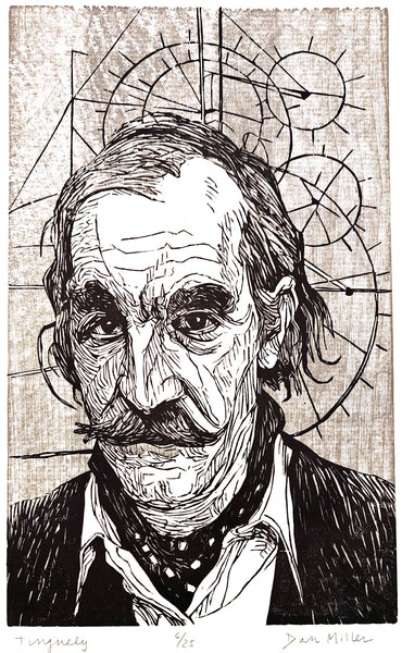 Black and white woodcut portrait of Tinguely with a mustache against a geometric background