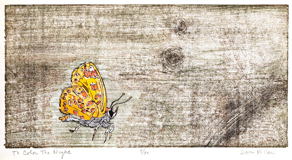 Woodcut print of a yellow butterfly on a textured brown background.