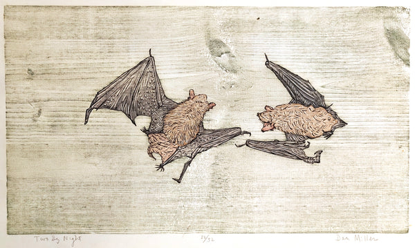 Woodcut print of two bats in flight on a textured beige background