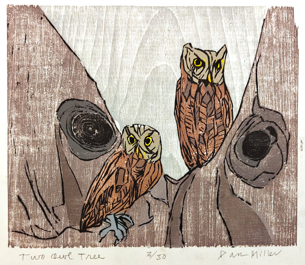 Color woodcut print of two owls on a textured tree bark background with 'Two Owl Tree' text.