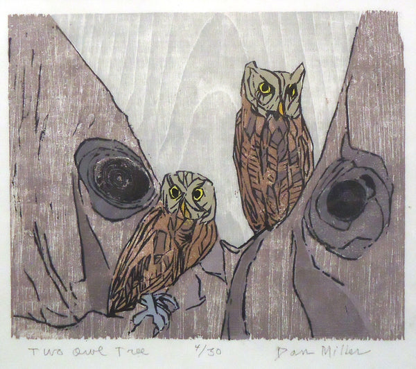 Two Owl Tree, color woodcut print (unframed) by Pennsylvania artist Dan Miller available at Cerulean Arts