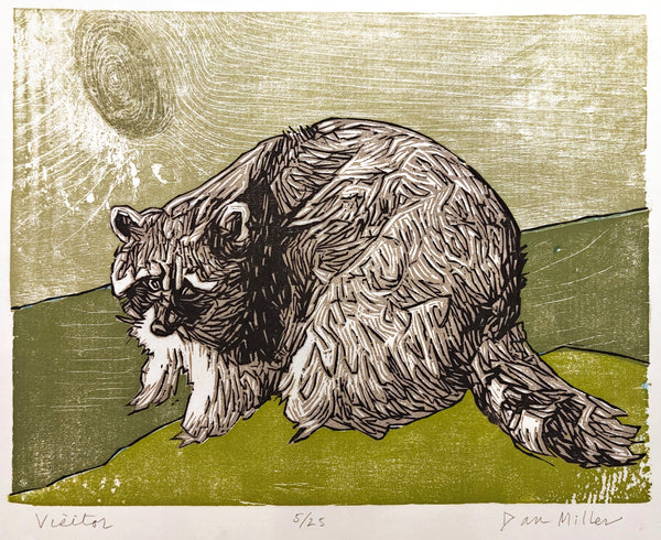 A woodcut print depicting a raccoon seated on a grassy surface against a green background with a sky motif in the top left corner.