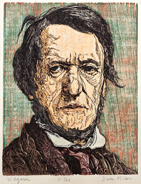 Woodcut portrait of Wagner with detailed line work on a textured background